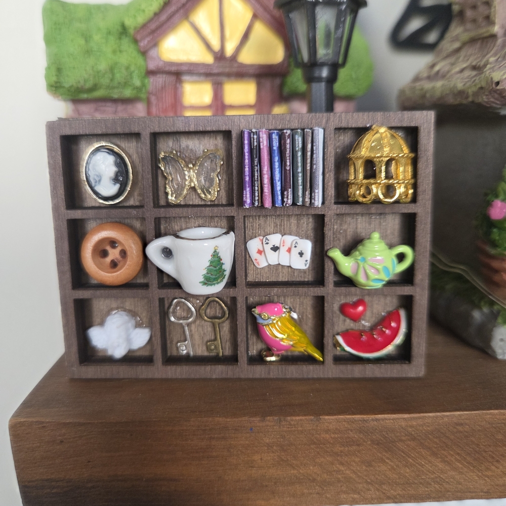 Miniature Wooden Display Shelf with Assorted Charms